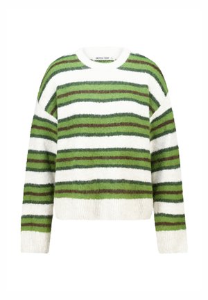 Pull rayé avec des nuances de vert, blanc et marron ; texture douce ; col rond ; épaules tombantes ; ourlet côtelé ; coupe boxy.