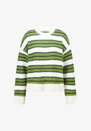 Pull rayé avec des nuances de vert, blanc et marron ; texture douce ; col rond ; épaules tombantes ; ourlet côtelé ; coupe boxy.