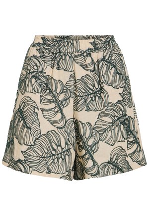 Μπεζ σορτς με ελαστική μέση, διακοσμημένα με μεγάλα τροπικά φύλλα με σκούρα πράσινο περίγραμμα.