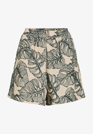 Μπεζ σορτς με ελαστική μέση, διακοσμημένα με μεγάλα τροπικά φύλλα με σκούρα πράσινο περίγραμμα.