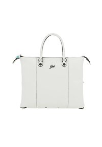 Borsa a tracolla in pelle bianca con doppi manici superiori, bordature nere e accenti hardware distintivi, con logo e texture liscia.