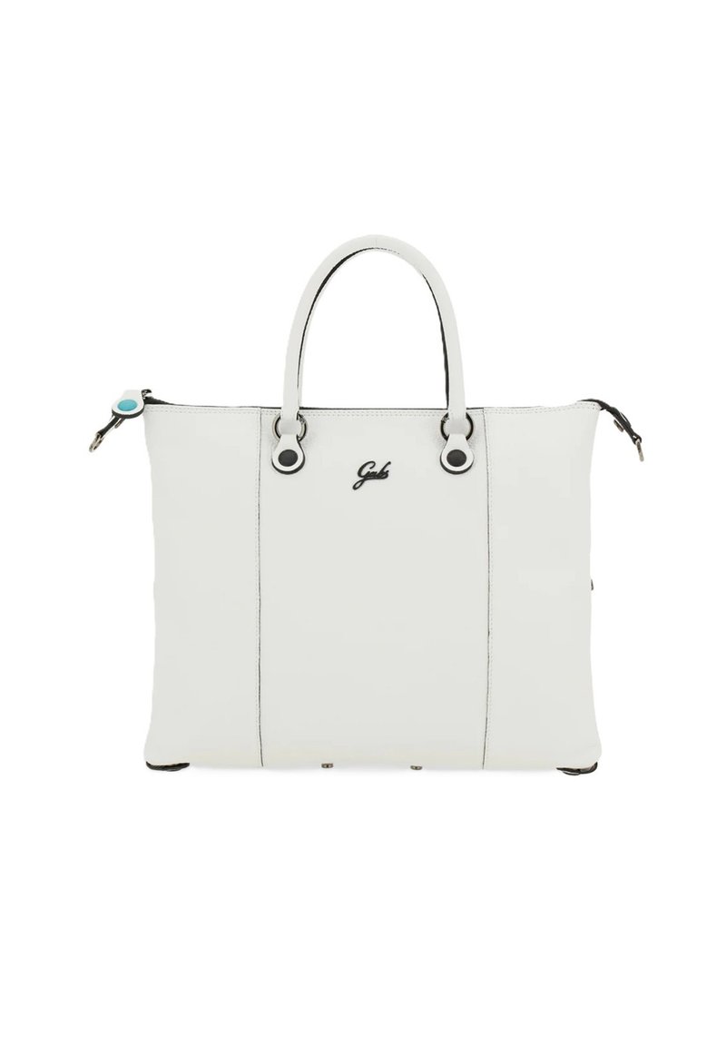 Borsa a tracolla in pelle bianca con doppi manici superiori, bordature nere e accenti hardware distintivi, con logo e texture liscia.