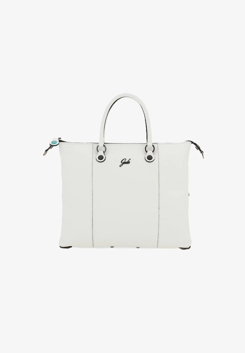 Borsa a tracolla in pelle bianca con doppi manici superiori, bordature nere e accenti hardware distintivi, con logo e texture liscia.