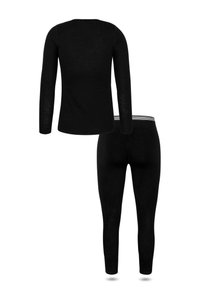 Schwarzes Langarmshirt mit Rundhalsausschnitt und passender Leggings mit einem gestreiften Bund. Hergestellt aus weichem, leichtem Stoff.