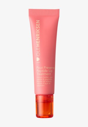 Tubo rosa de Ole Henriksen Pout Preserve Peptide Lip Treatment con tapa naranja sobre fondo blanco.