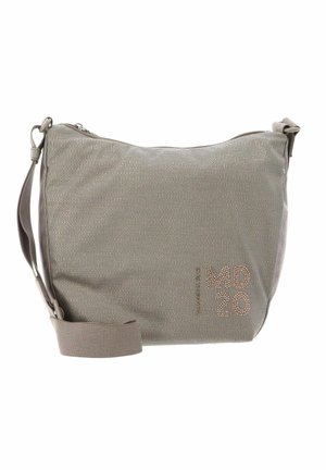 Sac bandoulière beige avec sangle réglable, tissu texturé et "MD 20" brodé en petites perles dans le coin inférieur droit.