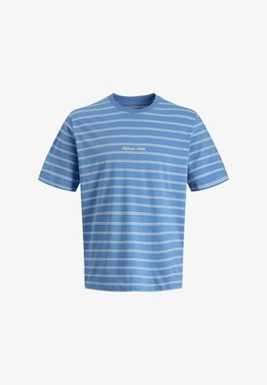 Tricou albastru cu mâneci scurte, dungi orizontale subțiri albe și text mic alb scris „Originals Studio” centru pe piept.