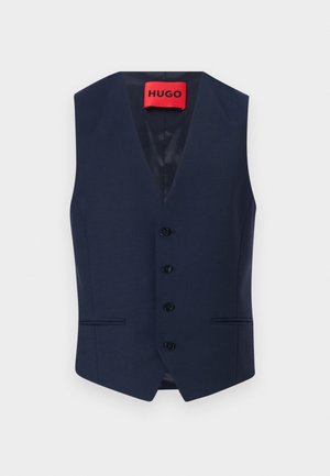 Marineblå skreddersydd vest med V-hals, fem knapper og sidelommer. Glatt stoff med lett satinfôr og en fremtredende rød etikett.