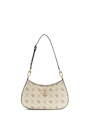 Beige Guess schoudertas met bruin monogrampatroon, gouden sluiting en verstelbare zwarte riem.