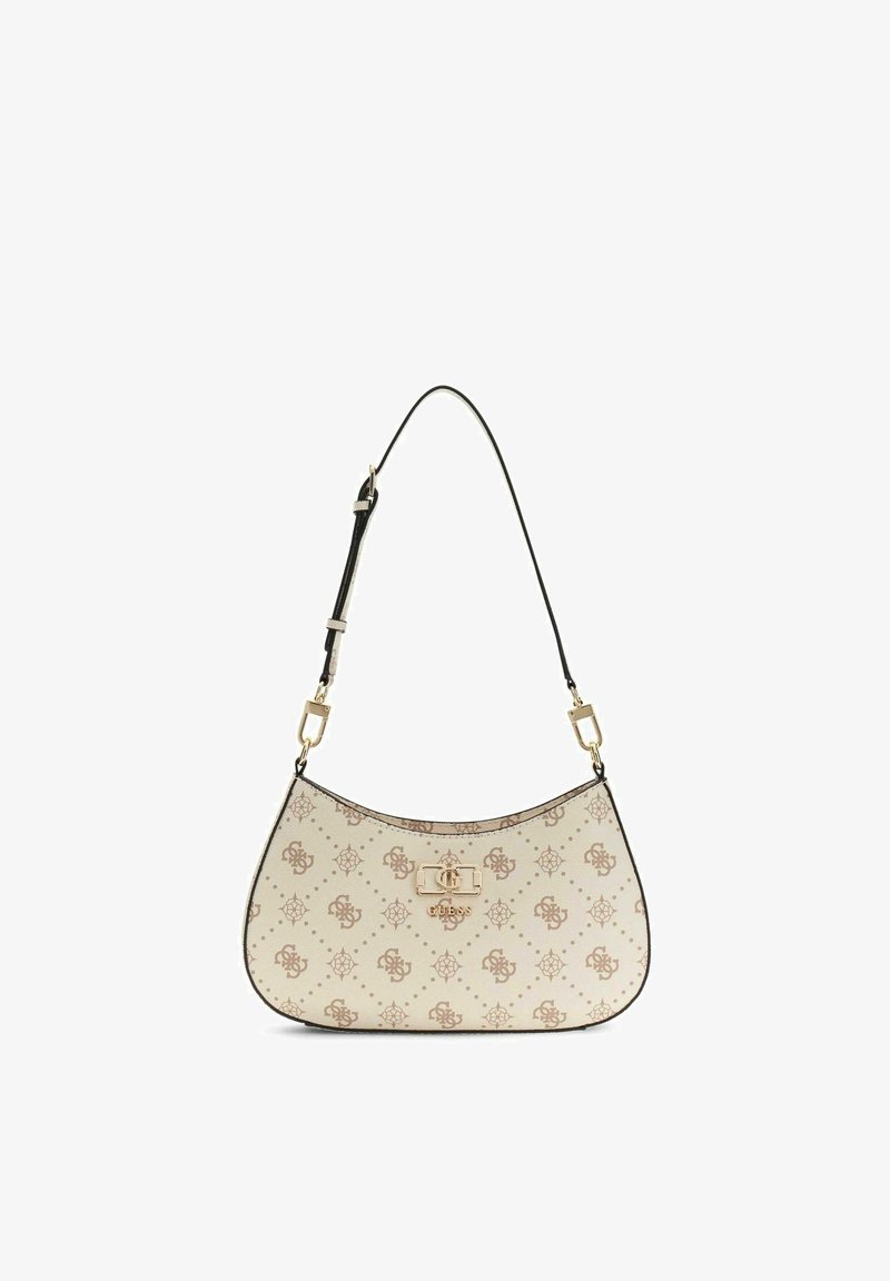 Sac bandoulière beige Guess avec motif monogramme marron, fermoir doré et bandoulière noire réglable.