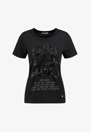 T-shirt nera a maniche corte con un grande teschio e ossa incrociate in paillettes nere e testo bianco con una poesia a tema amore sotto.
