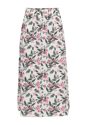 Blumigen Midirock mit weißem Grund, der rosa und grüne botanische Muster aufweist. Elastischer Bund, leichtes Material und geradliniger Schnitt.