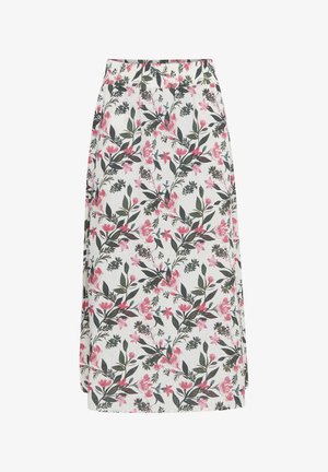 Blumigen Midirock mit weißem Grund, der rosa und grüne botanische Muster aufweist. Elastischer Bund, leichtes Material und geradliniger Schnitt.