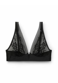 Zwarte beha met een driehoekige vorm, voorzien van doorzichtige meshpanelen en bloemenkantdetails langs de cups en achterkant, textiel stof en verstelbare bandjes.