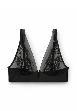 Zwarte beha met een driehoekige vorm, voorzien van doorzichtige meshpanelen en bloemenkantdetails langs de cups en achterkant, textiel stof en verstelbare bandjes.
