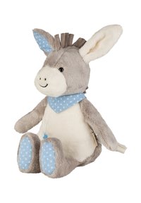 Plush donkey soft toy with gray and white fur, blue star-patterned scarf, large ears, stitched facial features, and a textured mane.