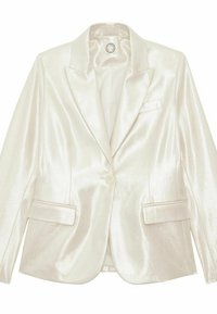 Blazer blanc brillant avec une fermeture à un bouton, des revers crantés, deux poches avant et une texture lisse. Dispose d'une coupe ajustée.