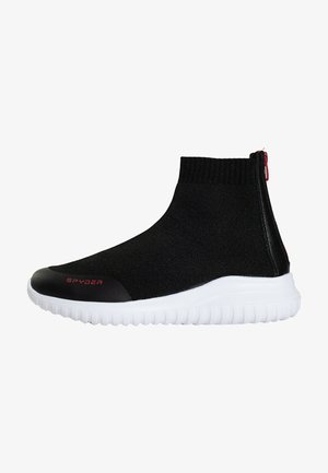 Black knitted sneaker with a high ankle design, featuring a white rubber sole and red zipper accent on the back. "SPYDER" logo in red.