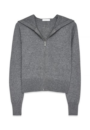 Grauer Reißverschluss-Hoodie mit geripptem Saum und Bündchen, breiter Kapuze und glatter Textur. Das Design ist auf Taillenhöhe zugeschnitten.