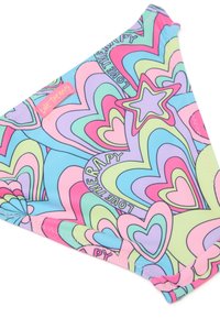 Costumi da bagno multicolori con un motivo a cuori e stelle, caratterizzati da tonalità pastello vivaci, una texture liscia e un dettaglio con il logo "Love Therapy".