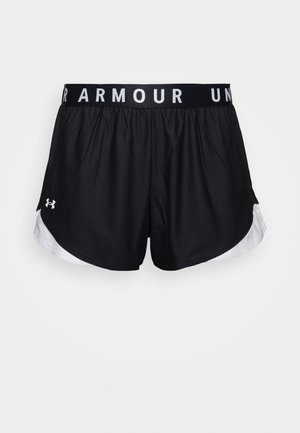 Shorts atletici negri cu accente albe pe laterale, bandă elastica la talie cu logo-ul "UNDER ARMOUR" în alb, material ușor și croială lejeră.