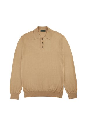Polo de manga larga beige con dobladillo acanalado, tres botones marrones y un cuello clásico, fabricado con tejido ligero y texturizado.