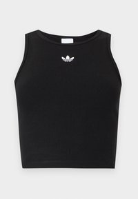 Μαύρο ριμπ αμάνικο crop top με στρογγυλή λαιμόκοψη και μικρό λευκό λογότυπο Adidas trefoil στο κέντρο κοντά στο γιακά.