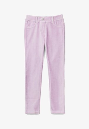 Jeans skinny lilla realizzati in tessuto morbido, con una superficie liscia, design a cinque tasche e chiusura a bottone in vita.