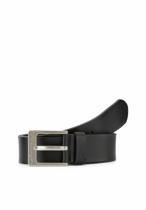 Cintura nera in pelle con una fibbia rettangolare in metallo argentato. Presenta una superficie liscia e un logo impresso sulla fibbia.