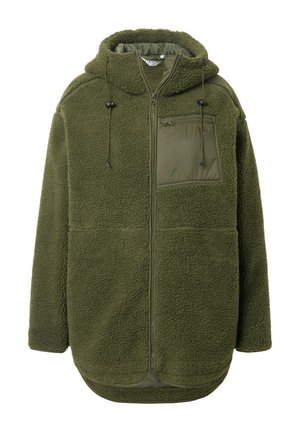 Olivgrüne Fleecejacke mit Reißverschluss, großem Kapuzen, Fronttasche und strukturiertem Stoff. Verfügt über Kordeln für eine verstellbare Passform.