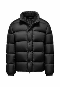 Zwarte pufferjas met een hoge kraag, gestikt ontwerp en zichtbare knopen. Gemaakt van glad, glanzend materiaal met elastische manchetten.