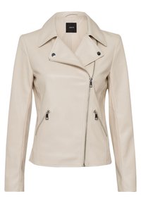 Béžová kožená motorkářská bunda s klopovým límcem, asymetrickým zapínáním na zip a dvěma kapsami na zip. Hladká textura a minimalistický design.