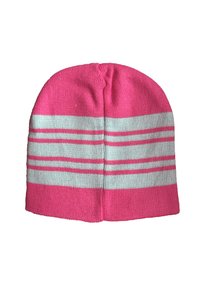Gorro de punto rosa con rayas horizontales en blanco y rosa claro, que presenta una corona redondeada y una tela texturizada.