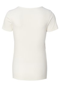 Cremefarvet ribbet t-shirt med korte ærmer, rund halsudskæring og tætsiddende silhuet. Fremstillet af blødt, strækbart stof med subtil tekstur.