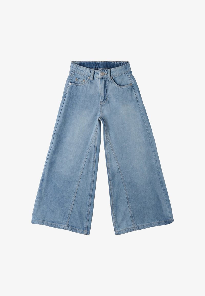 Jeans de mezclilla anchos de color azul claro con cierre frontal de botones, lazos para cinturón y dos bolsillos delanteros.