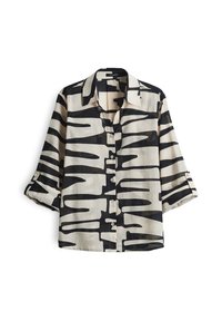 Camicia a maniche corte con bottoni in beige e nero con motivi a linee astratte. Realizzata in un tessuto leggero, con colletto e maniche arrotolate.