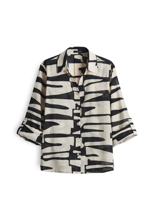 Chemise à manches courtes avec boutons en beige et noir, ornée de motifs de lignes abstraits. Fabriquée dans un tissu léger, avec un col et des manches retroussées.