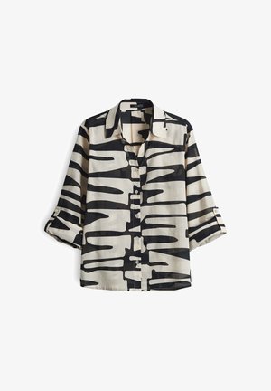 Korte mouwen overhemd met knopen in beige en zwart met abstracte lijnpatronen. Gemaakt van lichte stof met een kraag en opgerolde mouwen.