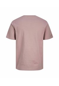 Camiseta de manga corta rosa claro hecha de tela suave. Presenta un cuello redondo y un diseño sencillo y sin costuras, sin patrones adicionales.