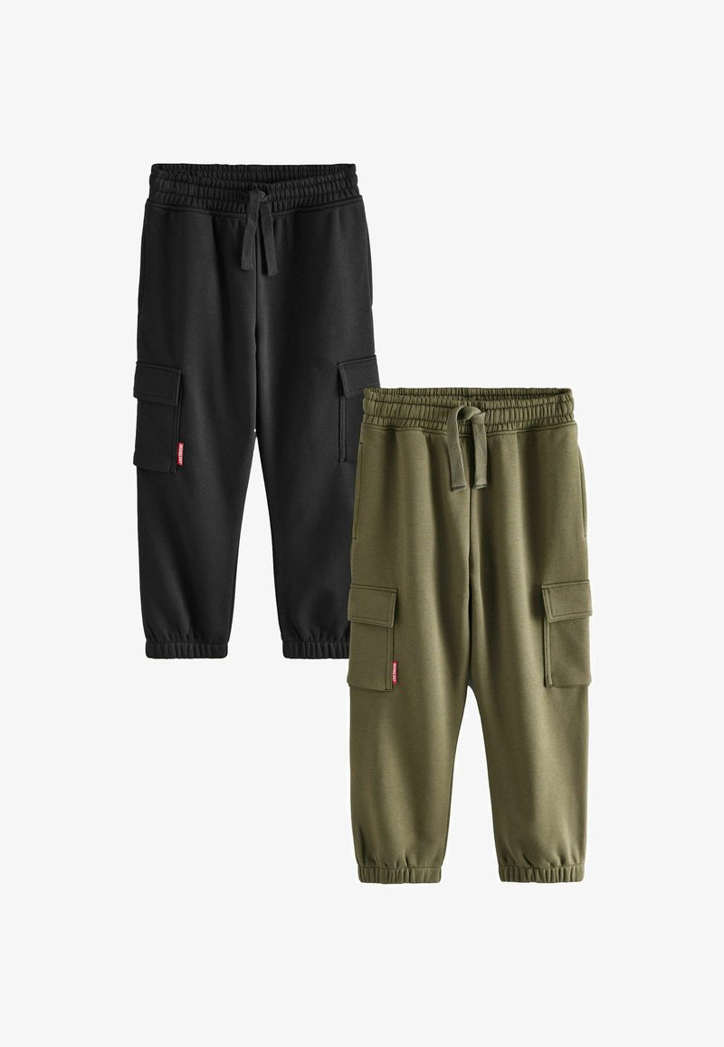 Schwarze und olivgrüne Jogginghosen mit elastischem Bund, Kordelzug und seitlichen Cargotaschen. Weicher Stoff mit gerippten Bündchen.