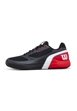Black, red, and white athletic shoe with laces, cushioned sole, and "W" logo on the heel, designed for sports or running.