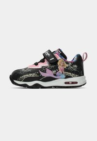 Svart og rosa barnsneakers med et havfrue-motiv på siden, borrelåslukking og polstret såle med synlig luftlomme.