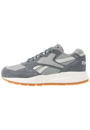 Baskets Reebok grises et blanches avec des panneaux en daim et perforés, une semelle intermédiaire blanche, une semelle extérieure en caoutchouc gomme, et des lacets gris sur un fond blanc.