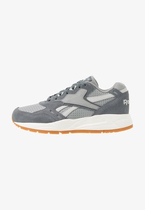 Baskets Reebok grises et blanches avec des panneaux en daim et perforés, une semelle intermédiaire blanche, une semelle extérieure en caoutchouc gomme, et des lacets gris sur un fond blanc.