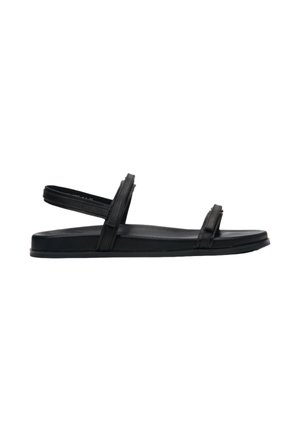Schwarze Sandale mit flacher Sohle, verstellbarem Riemen an der Rückseite und dünnen Oberriemen in glatter Optik und minimalistischen Design.