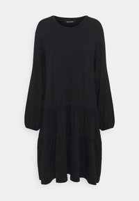 Musta pitkähihaisten mekko pehmeästä kankaasta, jossa on kerroksellinen muotoilu, pyöreä pääntie ja rento istuvuus. Sujuva rakenne, ei näkyviä kuvioita tai koristeita.