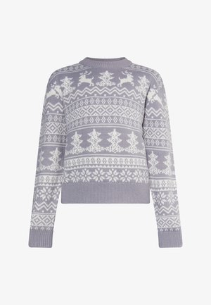 Pull en tricot violet clair avec des motifs de Noël blancs représentant des rennes, des flocons de neige et des pins, col rond et poignets côtelés.