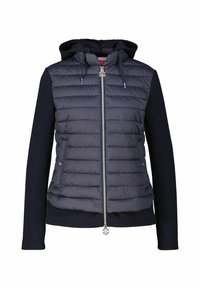 Navy puffer jacket with a hood, featuring a zippered front, quilted texture on the upper, and solid fabric on the arms and lower section.