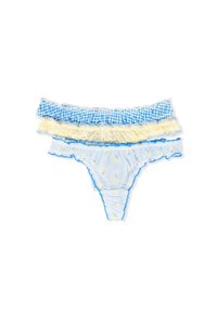Baumwoll-Damentanga mit blau-weißer Streifenmuster, geschichteten Rüschen aus gelbem Spitze und kleinen Blumenakzenten. Verfügt über blaue Akzente.