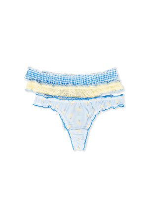 Tanga de mujer de algodón con un patrón a rayas en azul y blanco, volantes en capas de encaje amarillo y pequeños acentos florales. Presenta un ribete azul.